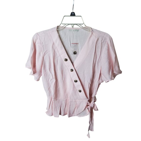 Active USA Light Pink Button-Front Wrap Blouse With Tie Waist & Short Sleeves Si - Picture 1 of 4